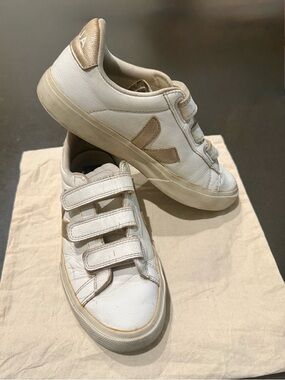 Veja White Sneakers with Gold Accents Velcro